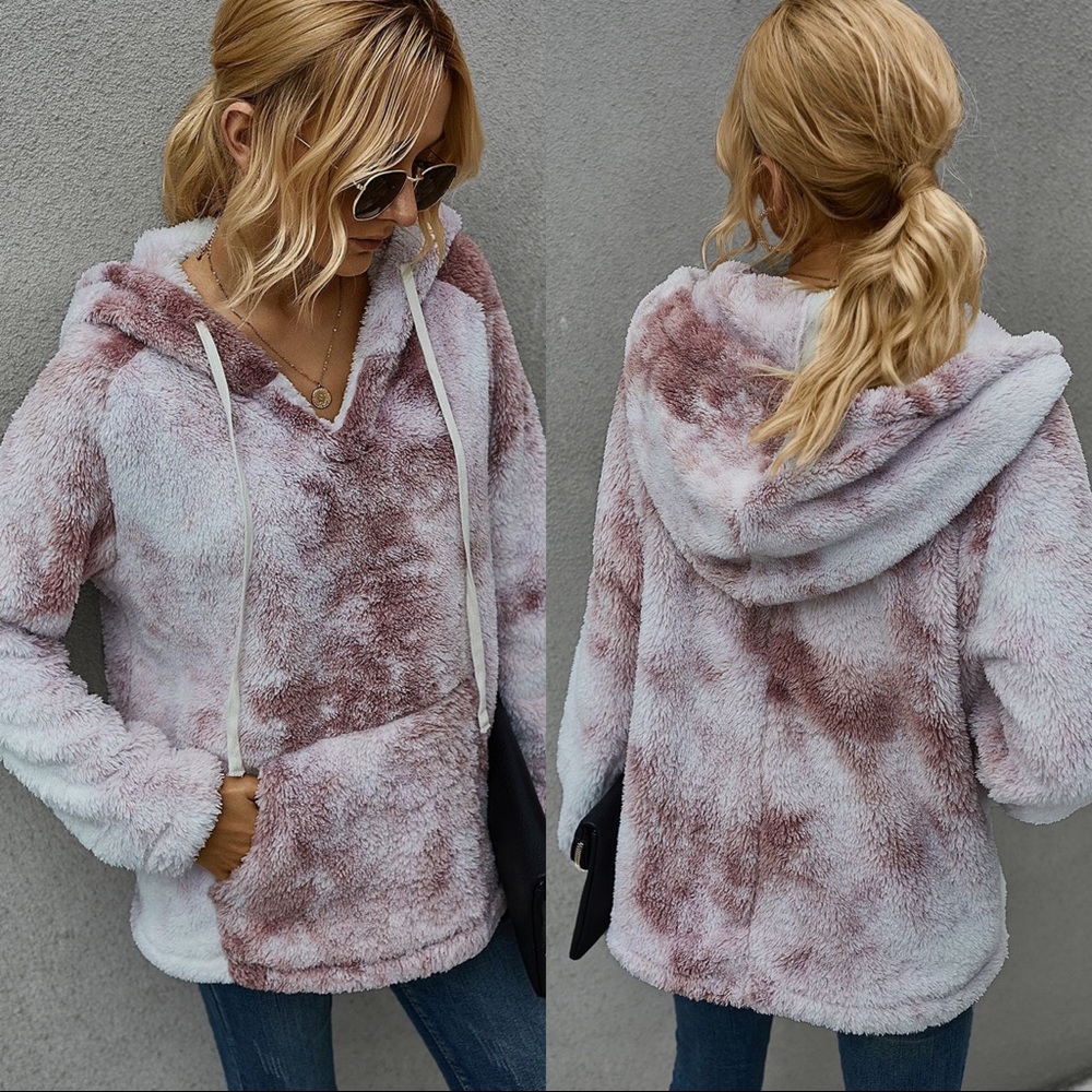 Soft Tie Dye Sherpa Fleece Hoodie Sweatshirt Rose